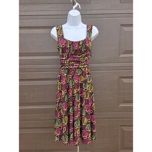 Maggy London Y2K Retro Floral Pod Print Ruched Empire Waist Midi Dress Brown 6